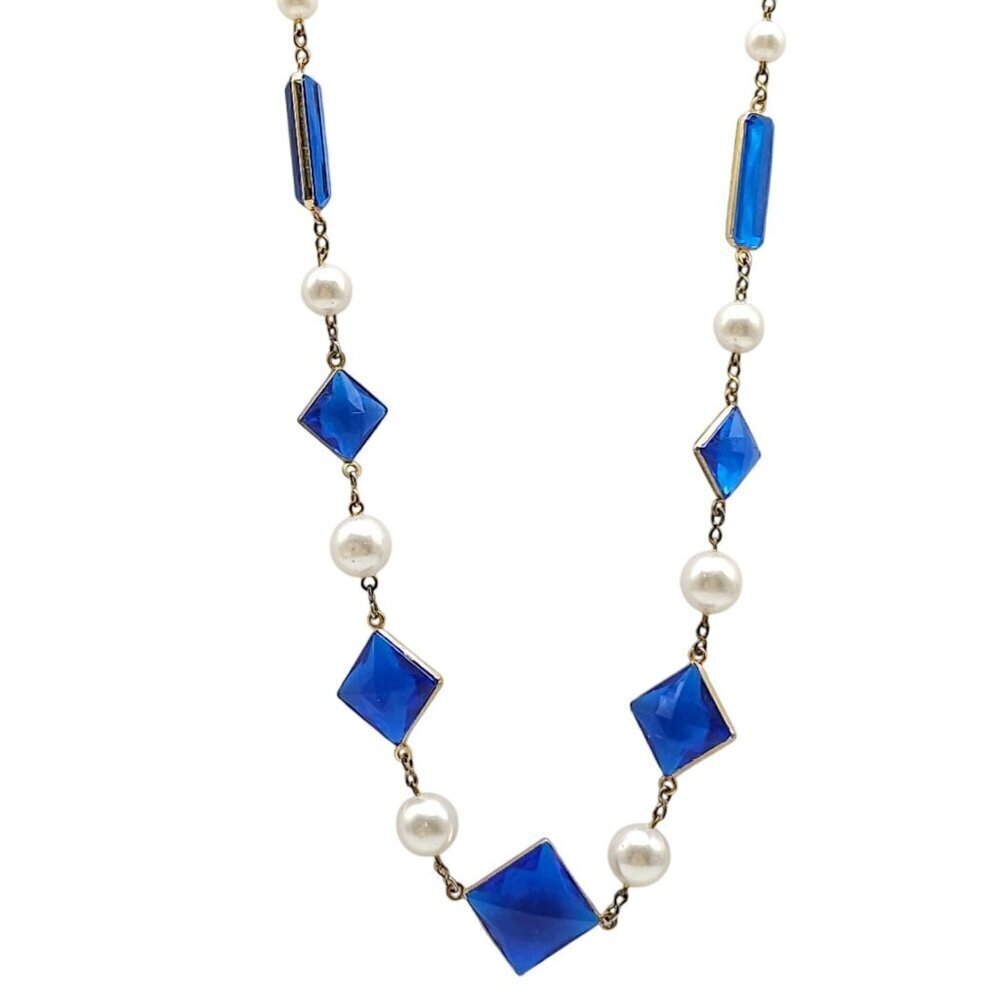 Vintage Blue Acrylic Rhinestone Faux Pearl Necklace With Gold Tone Chain